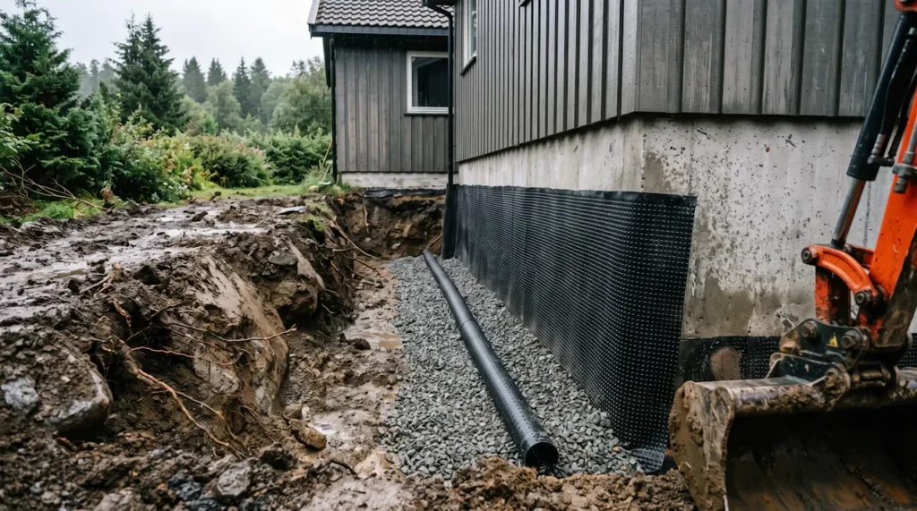 Åpen grøft langs grunnmur med drensrør i pukk og grunnmursplast