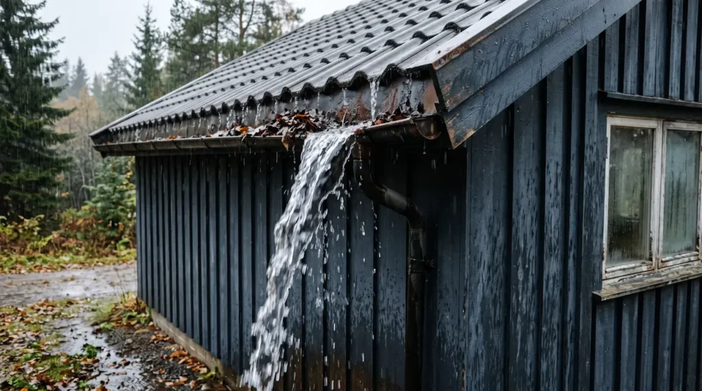 Tett takrenne der regnvannet renner over kanten og ned langs veggen