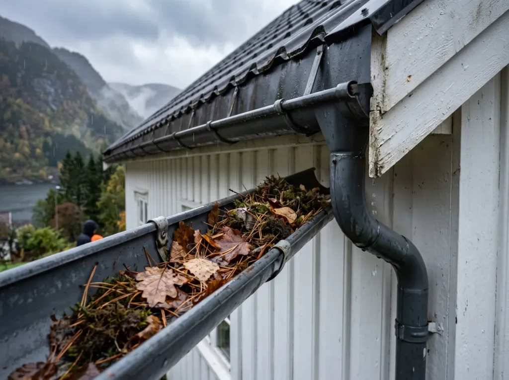 Takrenne full av vått løv og barnåler under takskjegget på et trehus