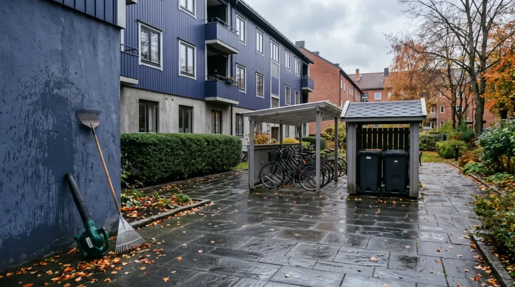 Ryddig fellesareal i et borettslag med feiet gårdsplass, sykkelskur og avfallsbod